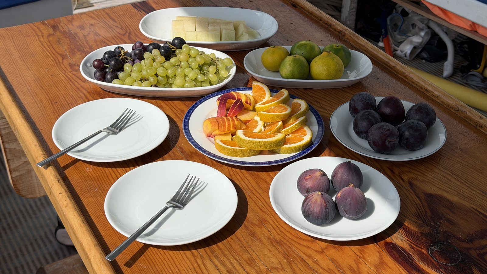 Fruit, cheese and figs laid out on the deck table